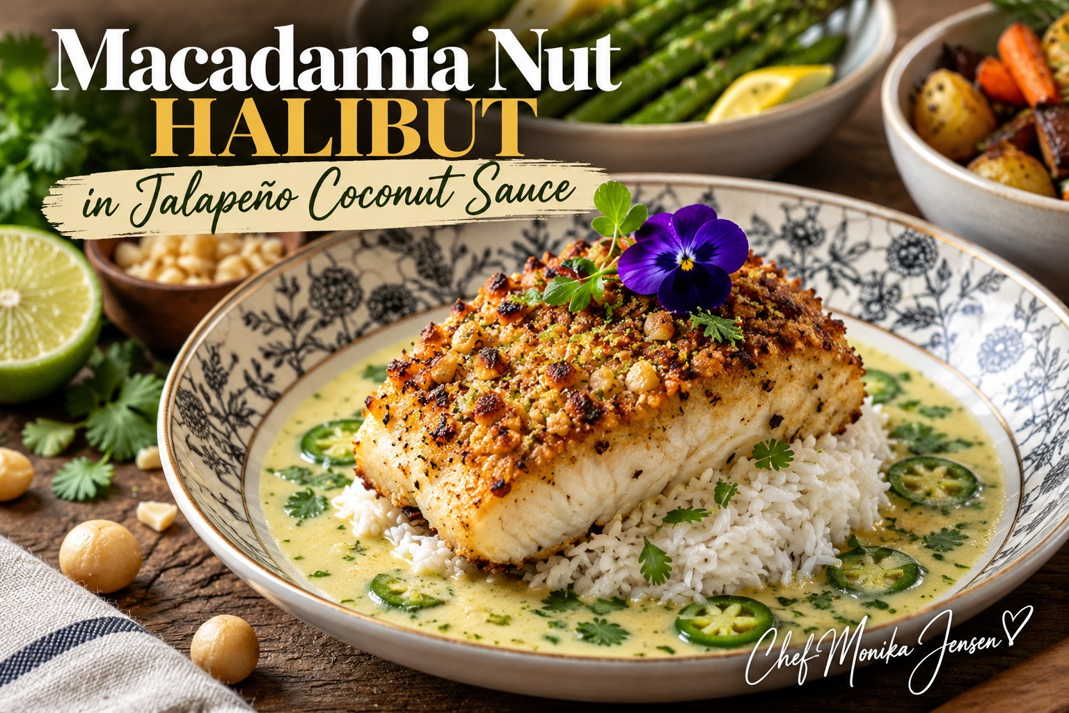 Macadamia nut crusted halibut over rice with jalapeño coconut sauce, lime and an edible flower by Chef Monika Jensen