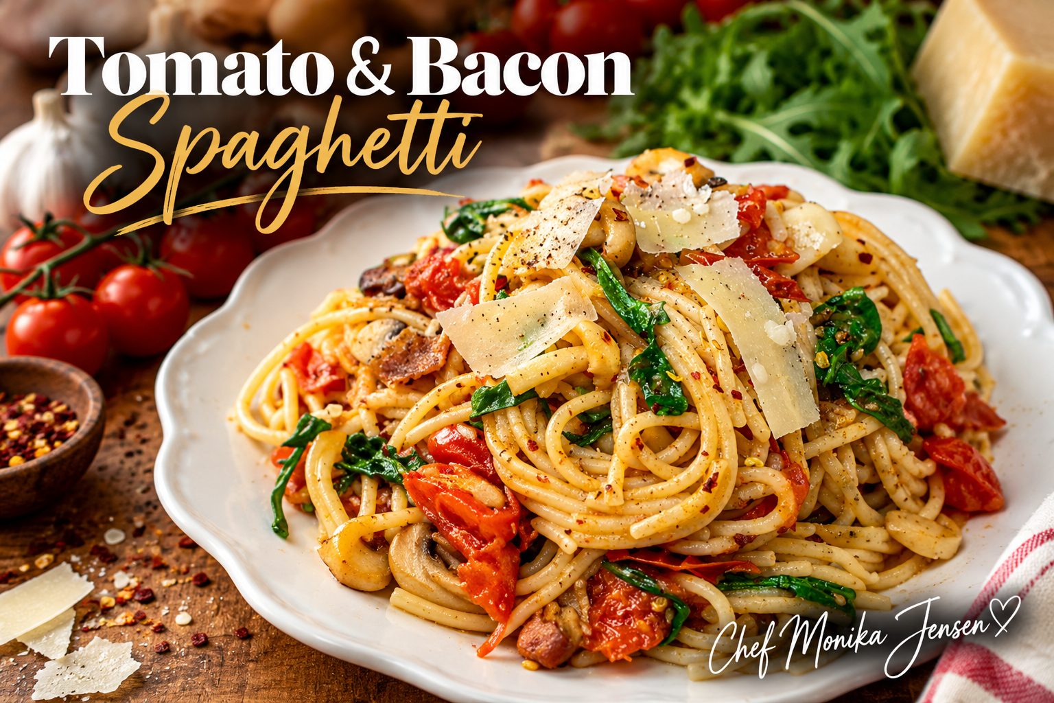 Tomato and bacon spaghetti with garlic, cherry tomatoes, arugula and Parmesan by Chef Monika Jensen.
