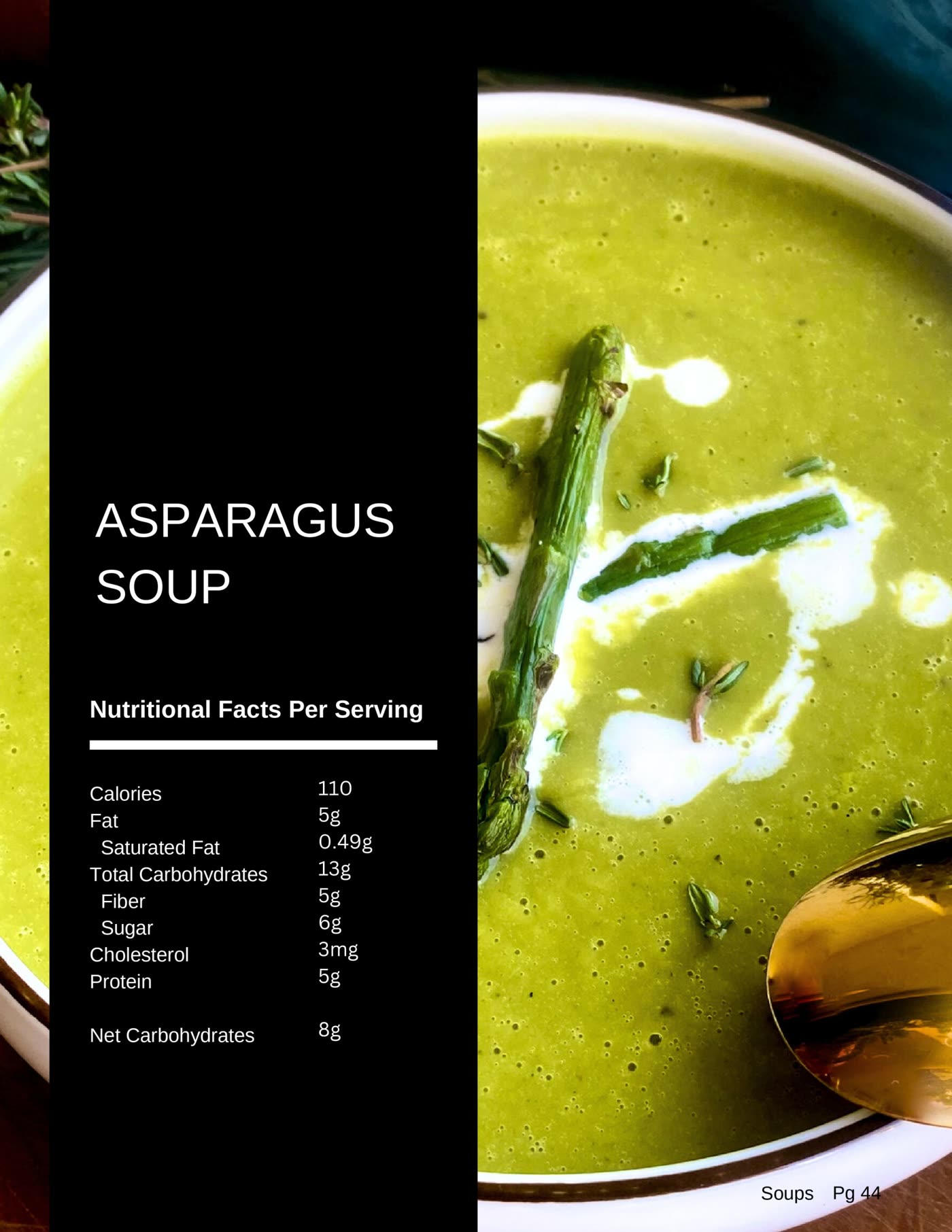 Creamy keto asparagus soup recipe from The Balanced Plate cookbook by Chef Monika Jensen