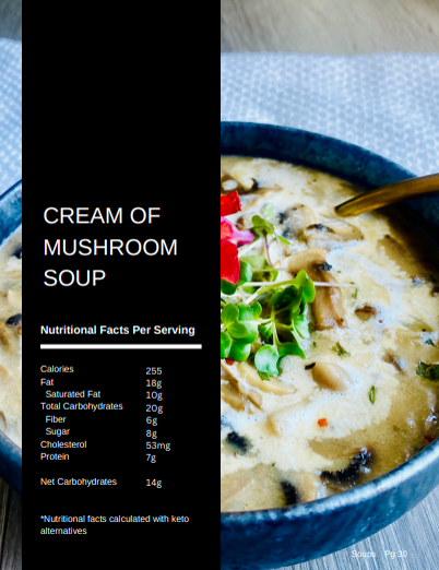 Cream of mushroom keto soup recipe page from The Balanced Plate cookbook
