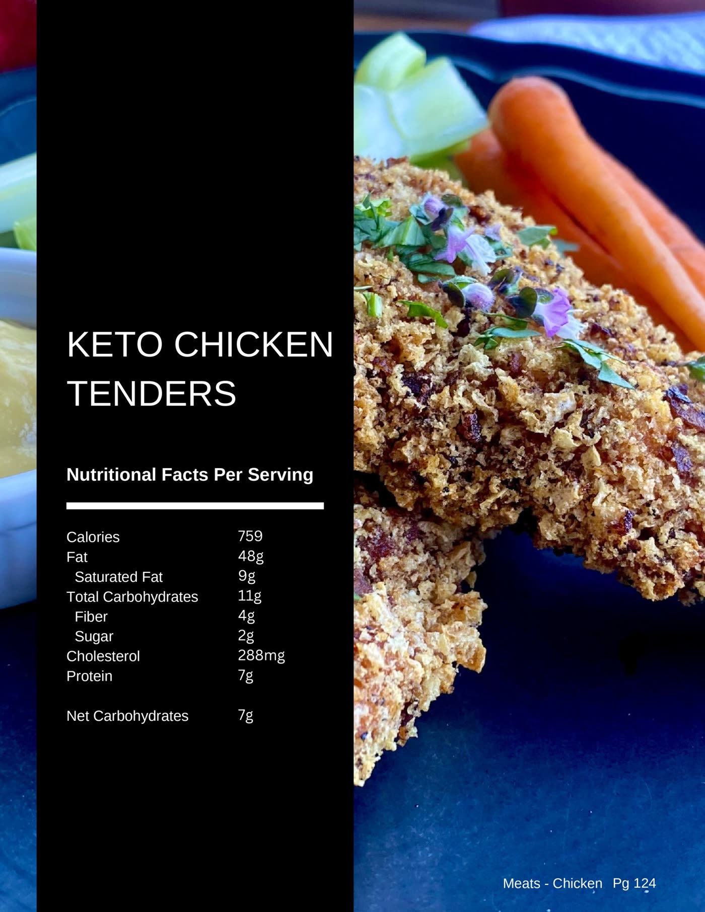 Crispy keto chicken tenders breaded with almond flour and parmesan from The Balanced Plate cookbook