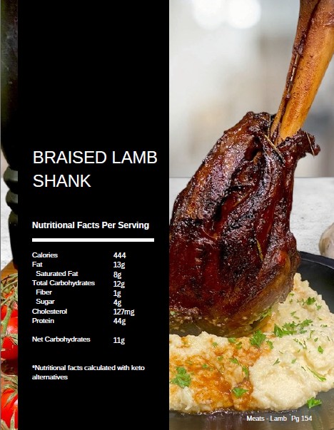 Braised lamb shank over cauliflower mash photographed for page 154 of The Balanced Plate cookbook, shown with its nutritional facts label of 444 calories and 11 g net carbs per serving