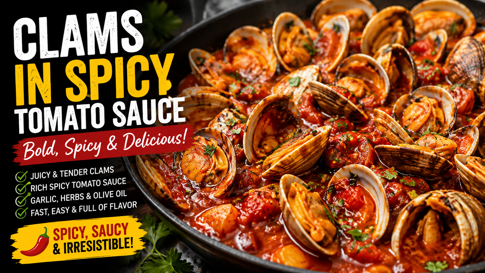 Clams in spicy tomato sauce with garlic, tomatoes, chorizo and fresh herbs by Chef Monika Jensen