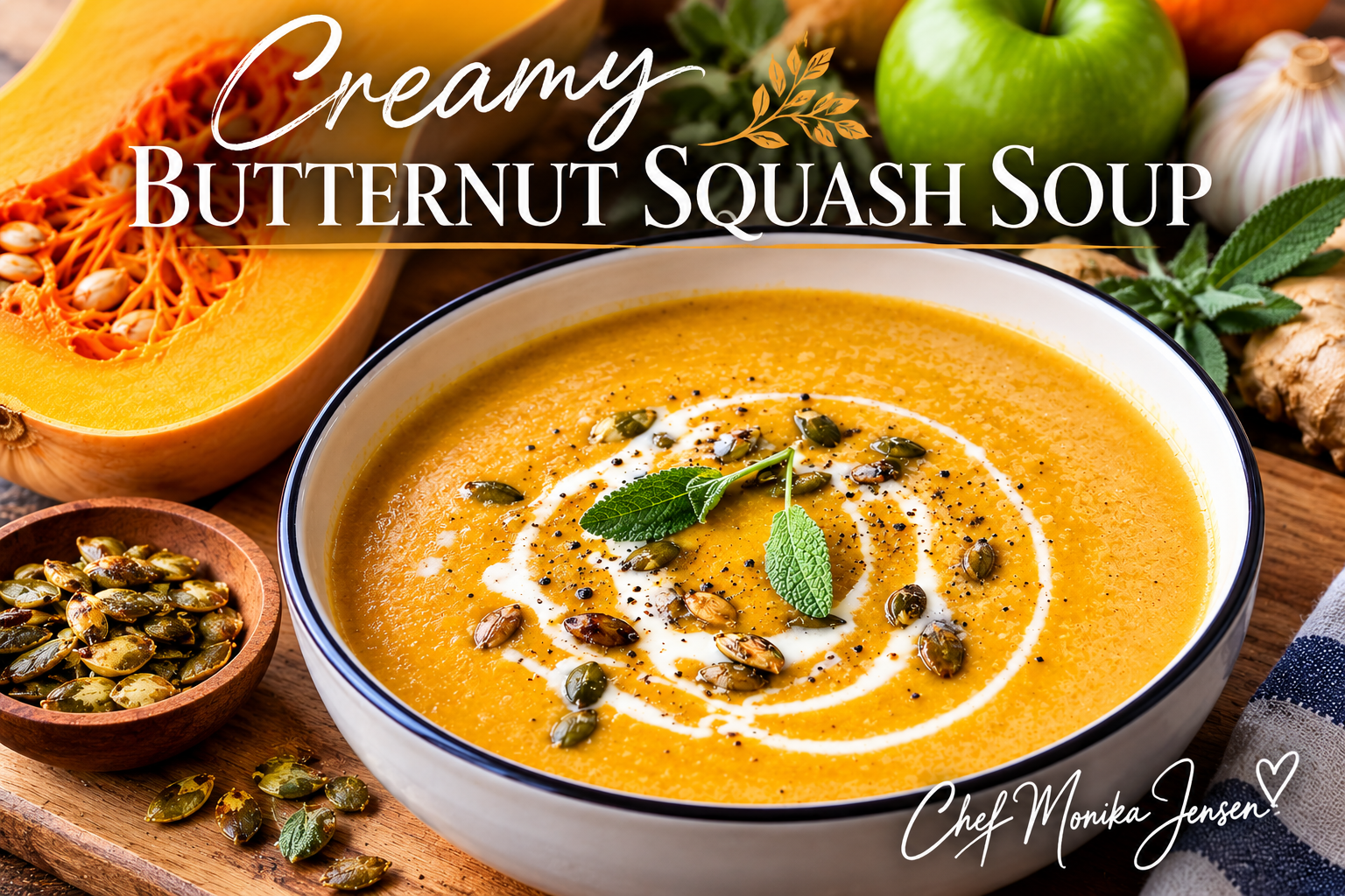 Creamy butternut squash soup with toasted pepitas and cream by Chef Monika Jensen