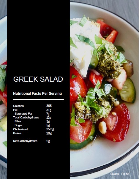 Greek salad with feta, cucumber, tomato and basil pesto photographed for page 50 of The Balanced Plate cookbook, shown with its nutritional facts label of 365 calories and 9 g net carbs per serving