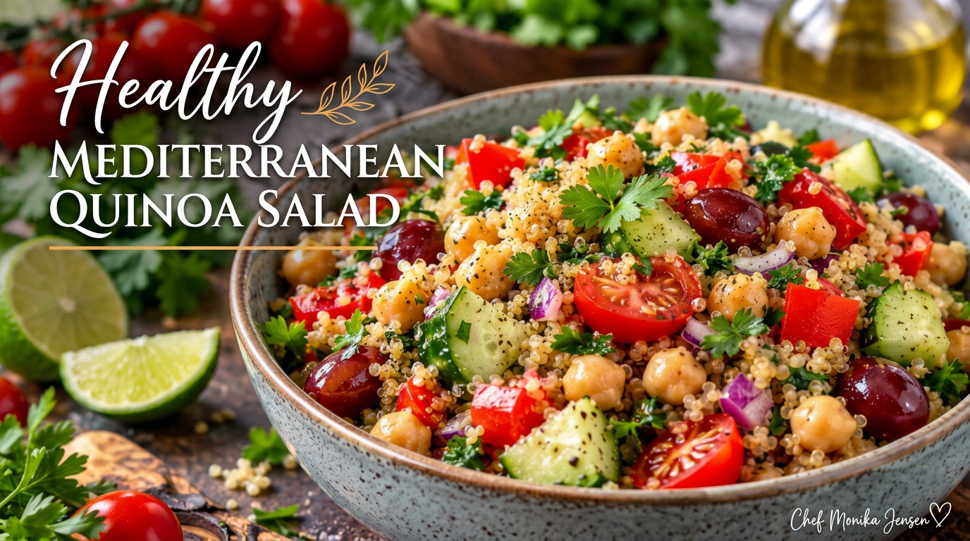 Healthy quinoa salad with chickpeas, cucumber, tomatoes and fresh cilantro by Chef Monika Jensen