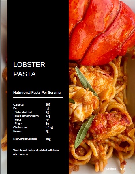 Lobster pasta with fresh lobster tail and sage photographed for page 86 of The Balanced Plate cookbook, shown with its nutritional facts label of 187 calories and 10 g net carbs per serving