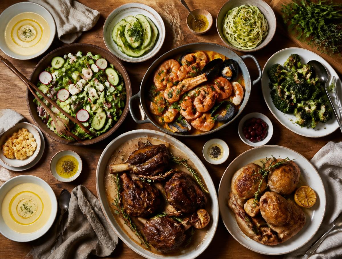 Table filled with healthy homemade dishes including soups, salads, seafood, roasted chicken and keto sides from Chef Monika Jensen's blog