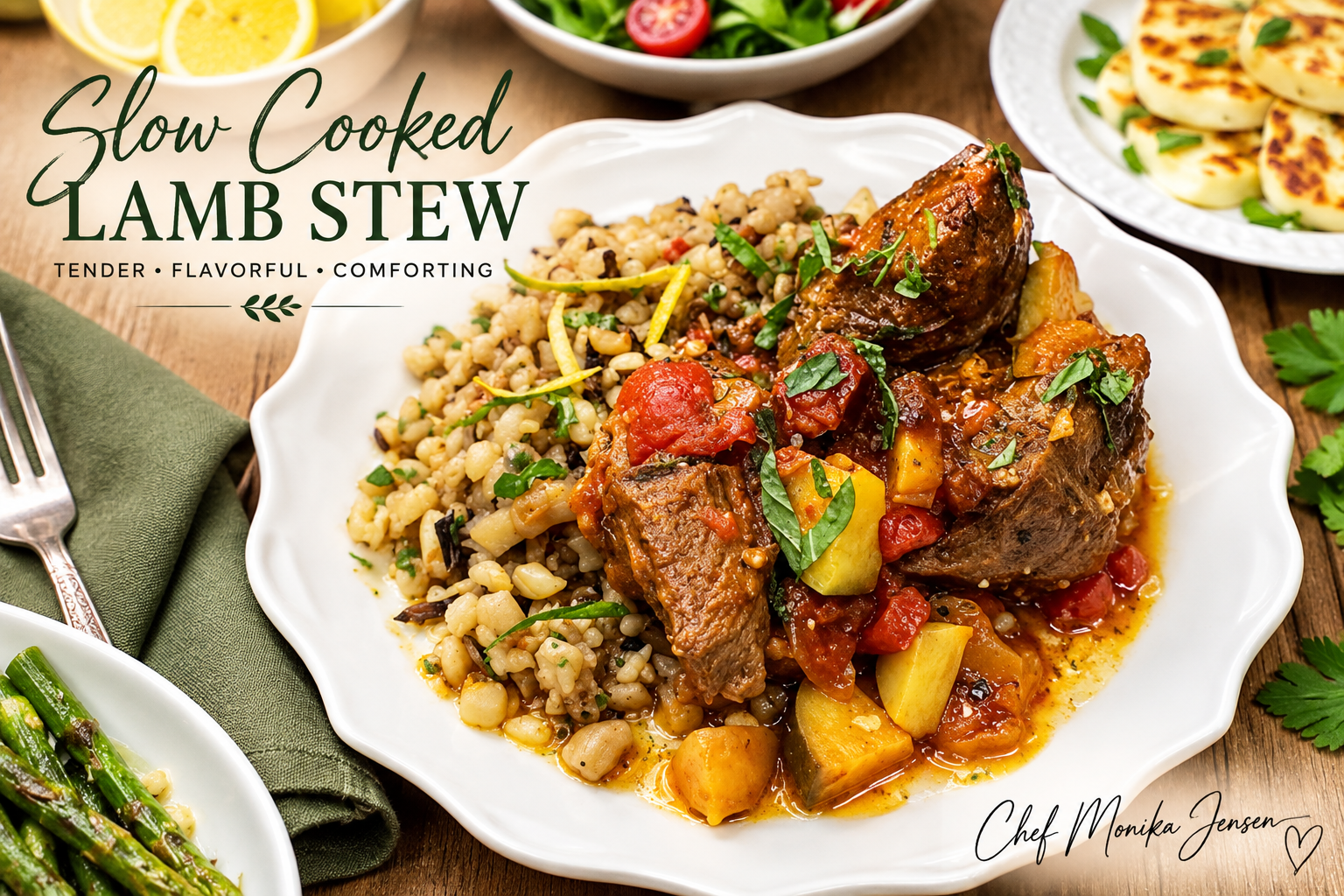 Slow-cooked lamb stew with zucchini, tomatoes and cauliflower couscous by Chef Monika Jensen